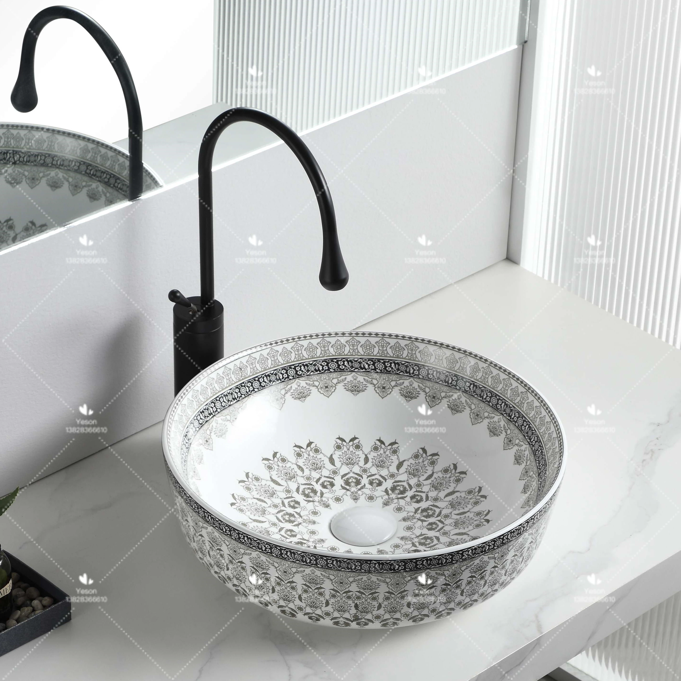Luxury Design Round Gray Flower Pattern Porcelain Handmade Wash Basin Bathroom Ceramic Countertop Art Sink for Hotel