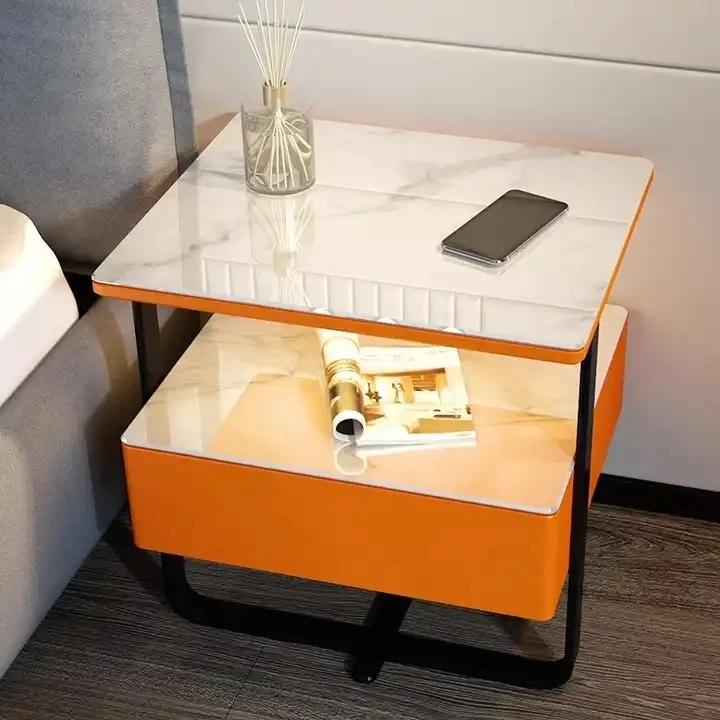 Smart Bedside Table Wireless USB Charging Modern Bedroom Speaker LED Nightstand with Fingerprint Lock Bedside Table