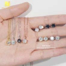 Luxury Women Wedding Jewelry Set 6.5mm Solitaire Moissanite Necklace 6.5mm Black/D Color Moissanite Earrings