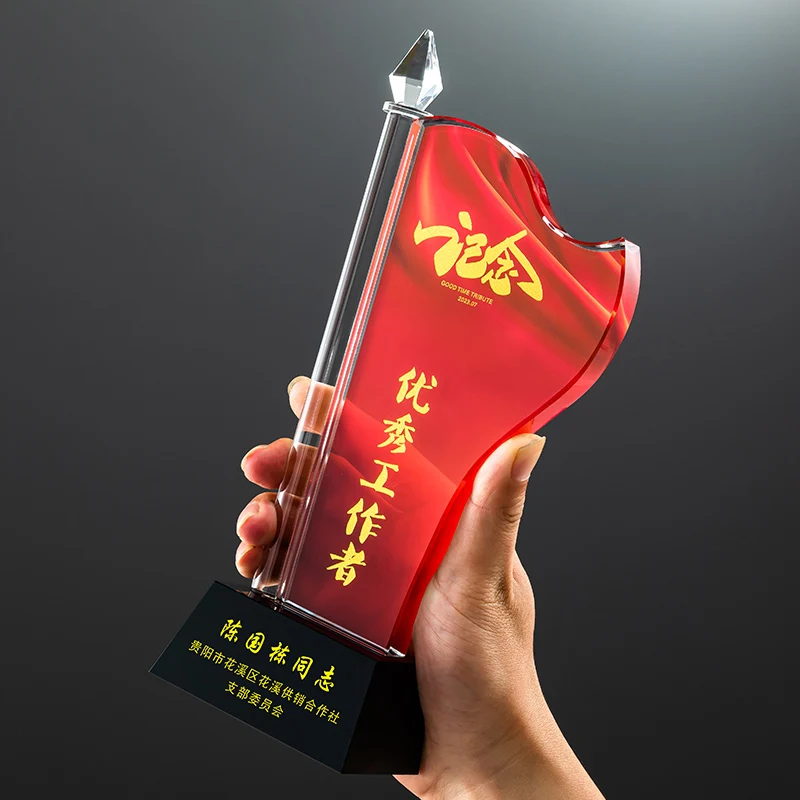 Factory wholesale custom new crystal trophy Red flag style details