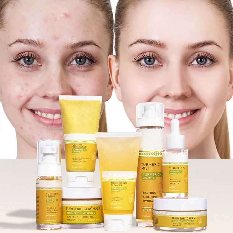 Low MOQ Private Label Luxurious Turmeric Vitamin C Moisturizing Anti-Acne Dark Spot Whitening Facial Serum Cream Oil Set-OEM/ODM