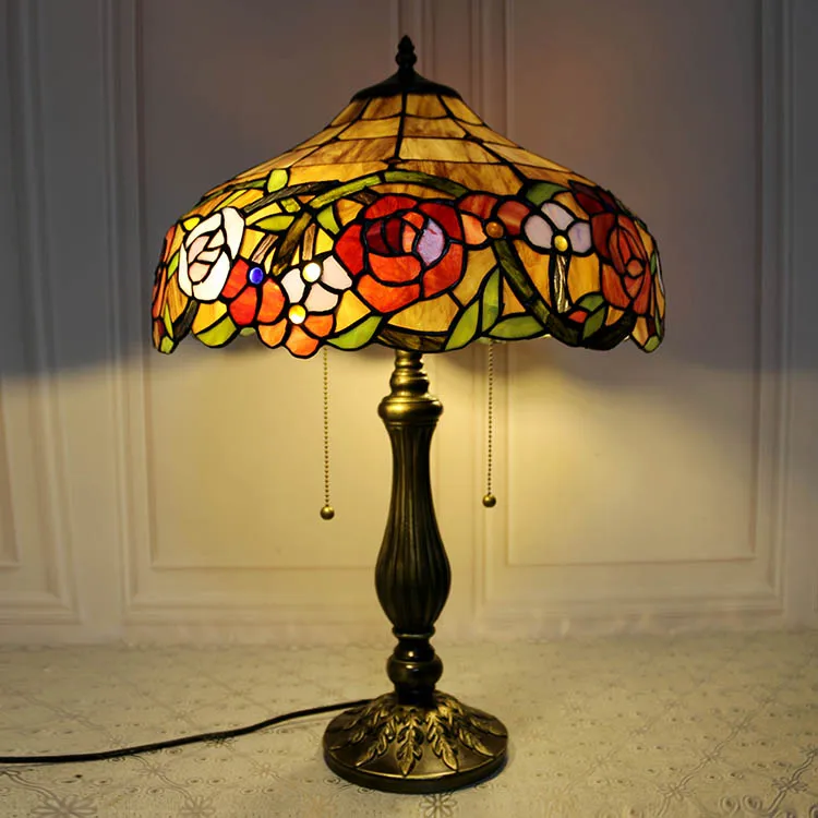 LongHuiJing Tiffany Style Stained Glass Table Lamp Rose Flower Desk Lamps Accent Light