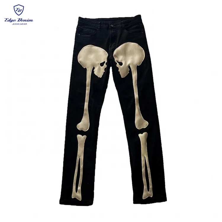 EDGE DENIM Custom Straight Leg Fit Stacked Halloween Jeans Pants Embroidered Bone Skeleton Skull Patch Jeans for Men