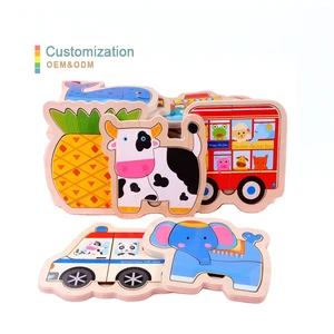 Promotional Top Quality Kids Early Educational Toy 3d Wooden Puzzle Double Layer Wood Vehicle Animals Jigsaw Puzzle Toy