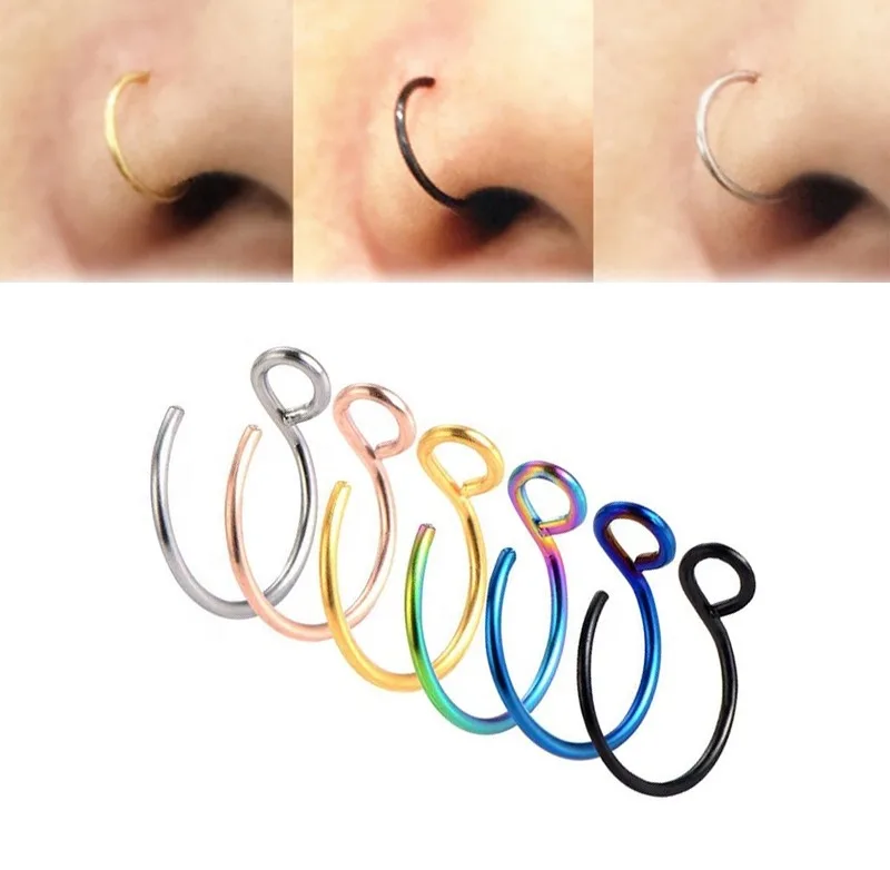 Stainless Steel Allergy Free Fish Hook Nose Ring Colorful Plated None Piercing Body Jewelry