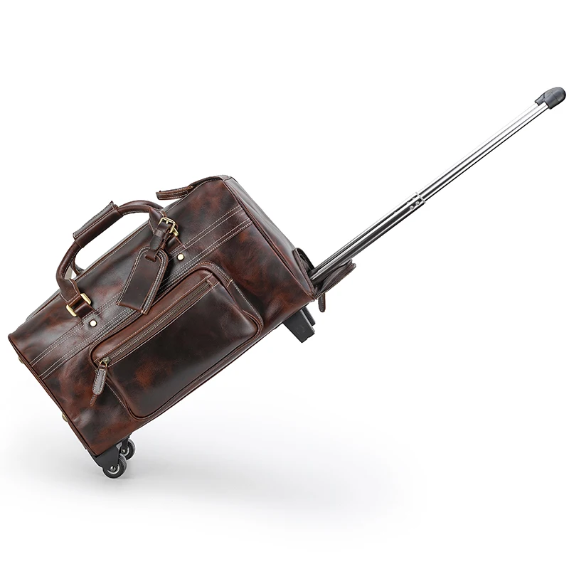 Handmade Full Grain Leather Trolley Bag Luggage Bag With Wheels