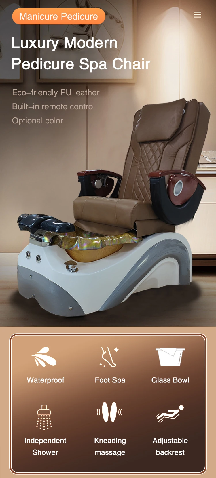 Luxury Modern Brown Pipeless Electric Foot Spa Manicure Pedicure Massage Chairs For Nail Salon