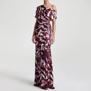 ZYHT 73963 Matte Satin Printed Geometric Pattern Maxi Women Asymmetric One Shoulder Ruched Hem Women Dress