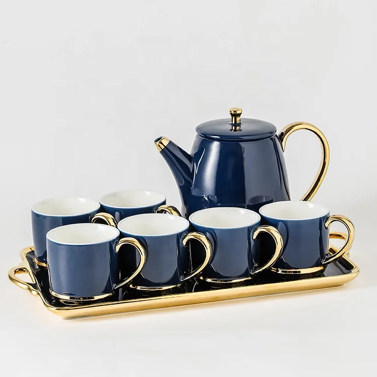 Wholesale Blue Ceramic Tea Set with 6 Cups & Gold Rim, Gift Boxed