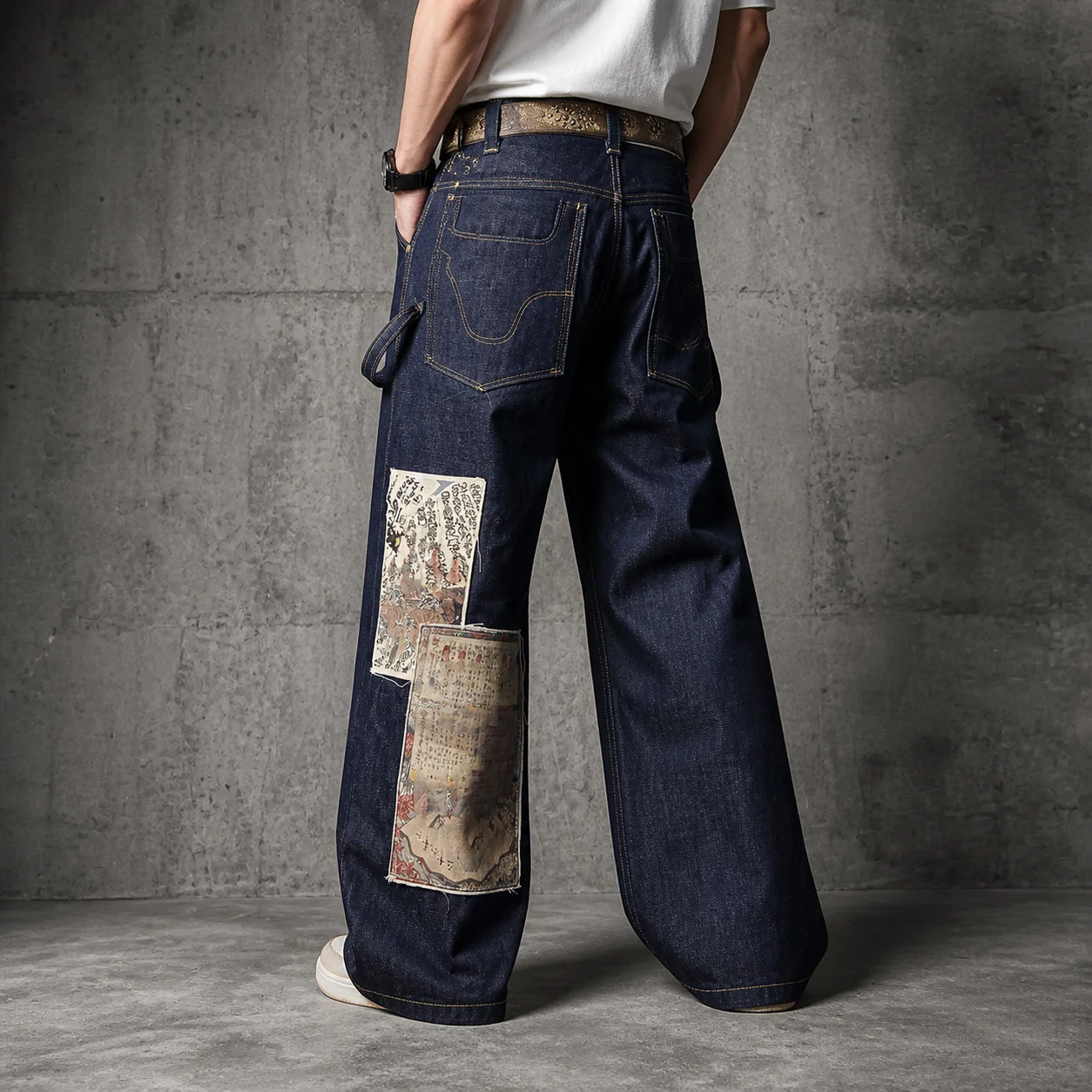 Custom Loose Double Knee Embroidered Printed Straight Fit Raw Japanese Selvedge Vintage Denim Jeans for Men gallery 3