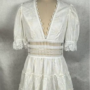 Women's Ivory Sweet Boho Casual Floral Woven Embroidery Dress Ruffles Lace-Deep V-Neck Pleated Crochet Cutout Summer Party Wear