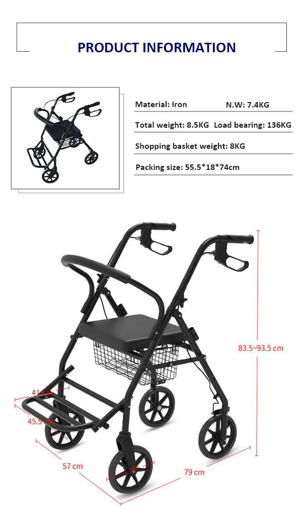 Mobility Aids Lightweight Four Wheel Folding Rollator Walker with Seat For Disabled manufacture