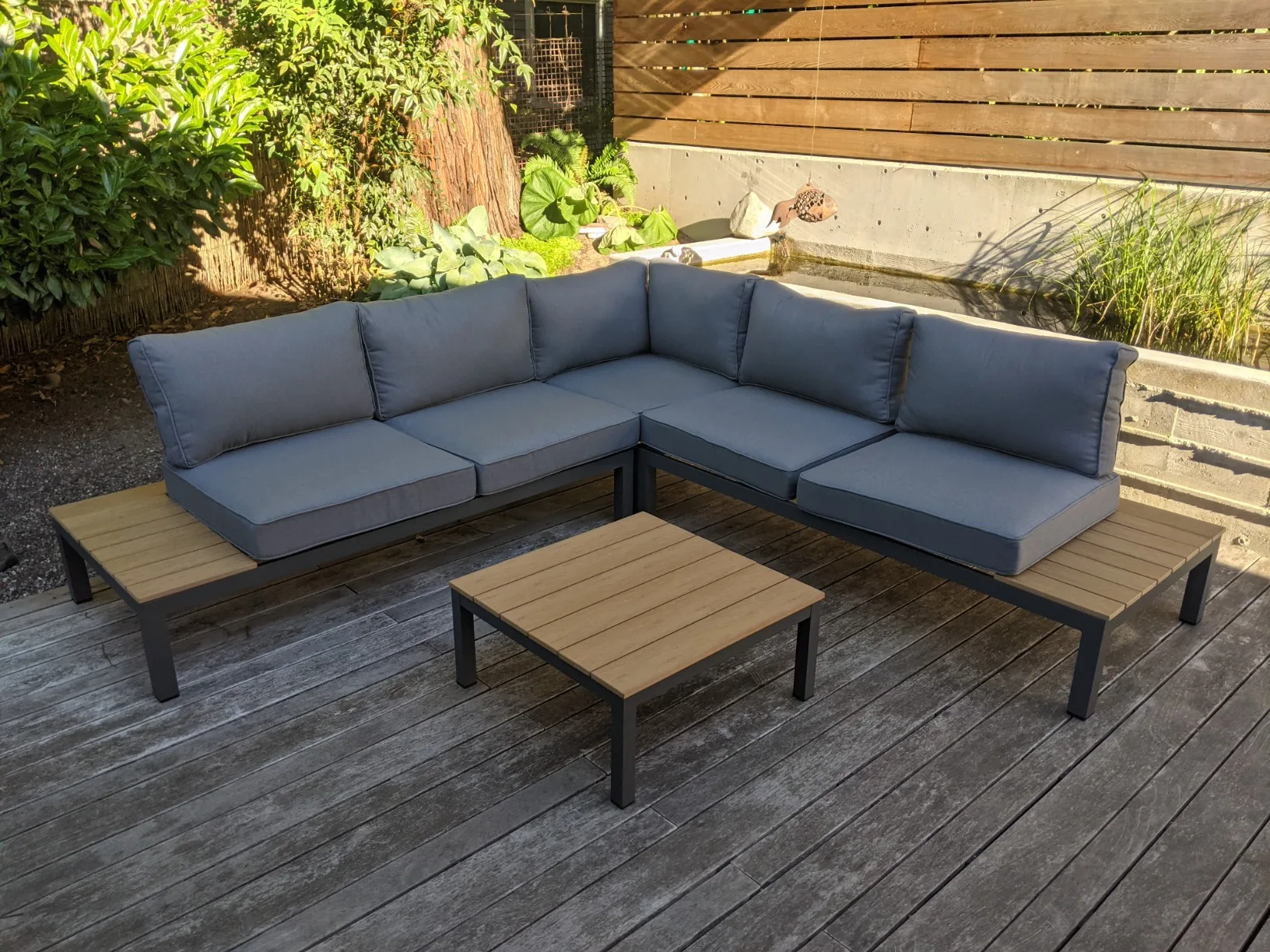 4 Pieces Sectional Aluminum And Teak Luxury L Shape Garden Sofa Set