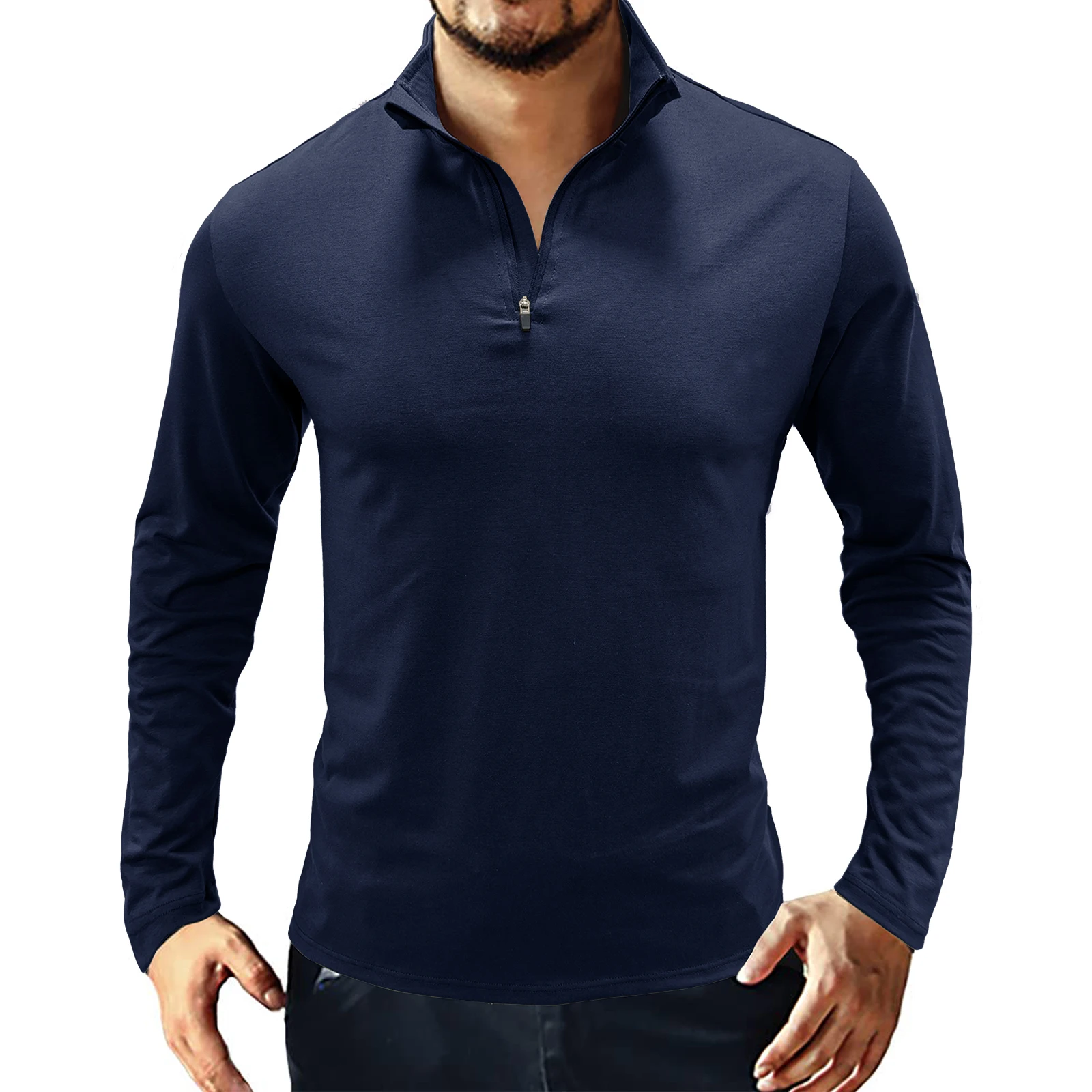 T-shirt da uomo Europea Americana colletto rialzato pullover con cerniera Polo camicia da combattimento a maniche lunghe da allenamento957_voghion.com