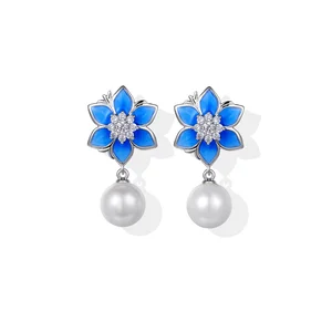 Original Design 9k White Gold Freshwater Pearl Earrings with Diamond Flower Drop and Bell Charm for Women for Weddings