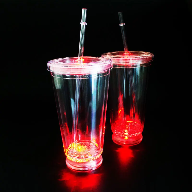 16 Oz Led Light Up Flashing Insulated Travel Drink Cuptumbler With Straw And Screw On Lid 0084