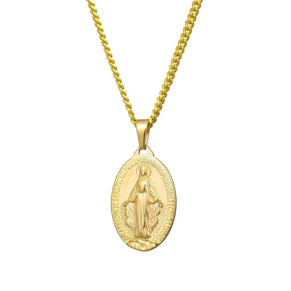Hip Hop Maria Oval Necklace Titanium Steel Virgin Mary Pendant Necklace for Women