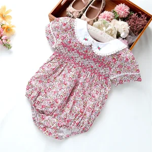 Custom Baby Clothes Shirred Smocked Baby Clothing Embroidered Floral 100% Cotton Baby Rompers