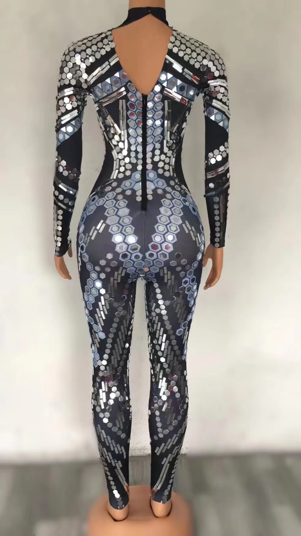 Sparkly Sequined Mesh Bodysuit Plus Size Dance Leotard Stage Performance Wear Women Sexy Club Party Bodycon One Piece Jumpsuit