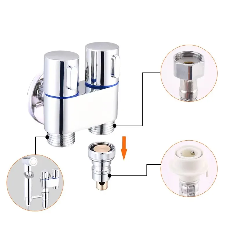 Factory Direct Sales Dual Handle One Inlet Two Outlet Water Stop Valve Chrome Bidet Angle Stop Valve for Bidet Toilet Bathroom
