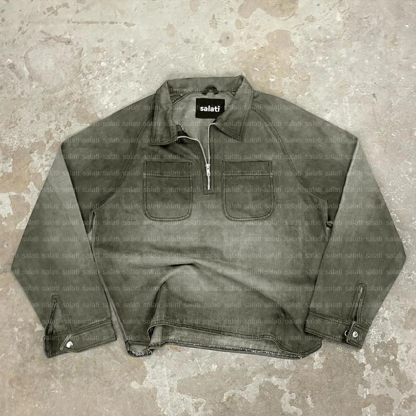 Salati 1/4 Quarter Zip Pullover Sweatshirt Sun Faded Blank Baggy Acid Wash Long Sleeve Jean Denim Tshirt Workwear Work Shirt Men gallery 3