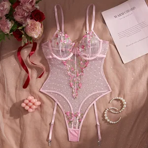 2026 New Arrival Cross-Border Sexy Lingerie: Sheer Lace Floral Embroidered Pink Bodysuit for Women