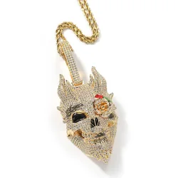 New Oil Dripping Full Diamond Rose Skull Pendant Necklace Exaggerated Punk Street Men Hip Hop Accessories
