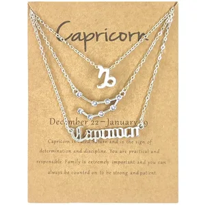 New 12 Twelve Constellation Symbols Zircon Inlay Three-layer Necklace Gold Plated Chain Initial Letter Pendant Necklace Gift