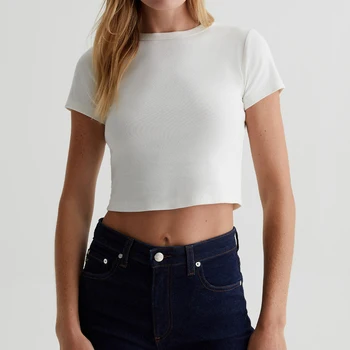 Wholesale Soft White Women's Baby Rib Crop Tee Shrunken Fit Crew Neck T-Shirt Eco-Friendly Knitted Customizable OEM Service for