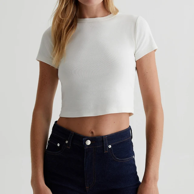 Wholesale Soft White Women's Baby Rib Crop Tee Shrunken Fit Crew Neck T-Shirt Eco-Friendly Knitted Customizable OEM Service for