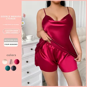 Summer Casual Home Wear Set for Plus Size Women Breathable Loose Camisole Knee Length Satin Shorts Pajamas Solid