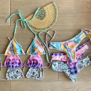 OEM Custom Beachwear Print Seamless Bikini With Hair Tie and Hand Strap Reversible Swimwear for Women