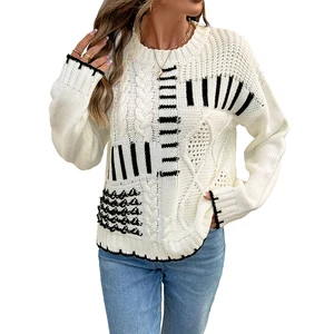 New Autumn Winter Cross-Border Fashion Trendy Retro Style Crew Neck Long Sleeve Striped Color-Block Sweater for Women