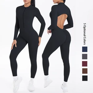 High Intensity Zip Jumpsuit with Beautiful Hollow Out Back Long Sleeve Yoga & Running Fitness Suit Sports Bodysuit