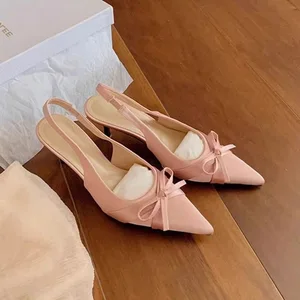 QuiteS 2026 Women's Elegant Single Shoe New Summer Lace-Up Closed-Toe High Heels Bowknot Pointed Toe Backless Height Increasing