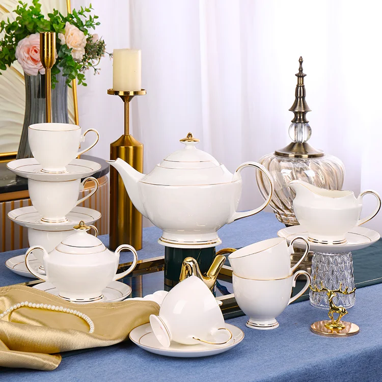 Luxury Golden Line Tea Pot Set Ceramic Porcelain Drinkware China Tea and Coffee Set details
