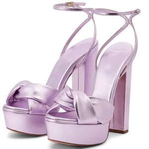 Trendy Women Purple High Heels Sandals Chunky Platform Ankle Buckle Strap Shoes