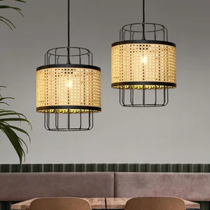 JACKSUN Modern Farmhouse Bamboo Pwoven Pendant Light Rattan Suspension Lantern Energy Saving Pendant Lamp for Kitchen