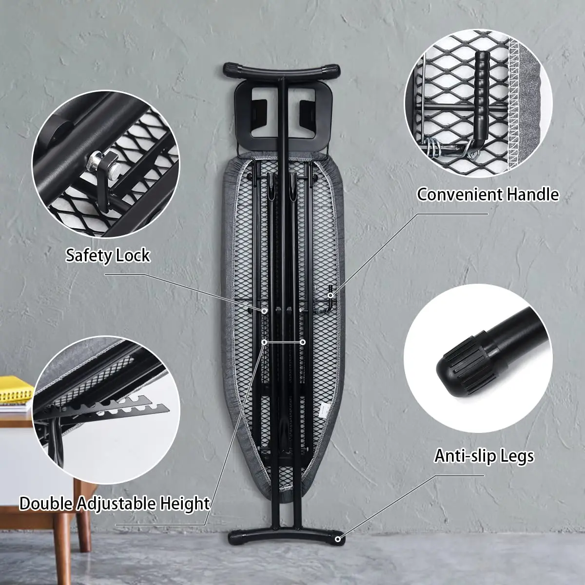 Heat Resistant Adjustable Height Foldable Ironing Board With Iron Holder