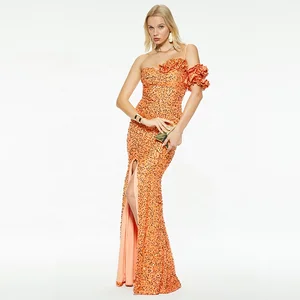 Custom High-End Ladies Party Dress Sexy Slim Sequined Single Suspender with Slit Floor-Length Slight Tight Solid Color