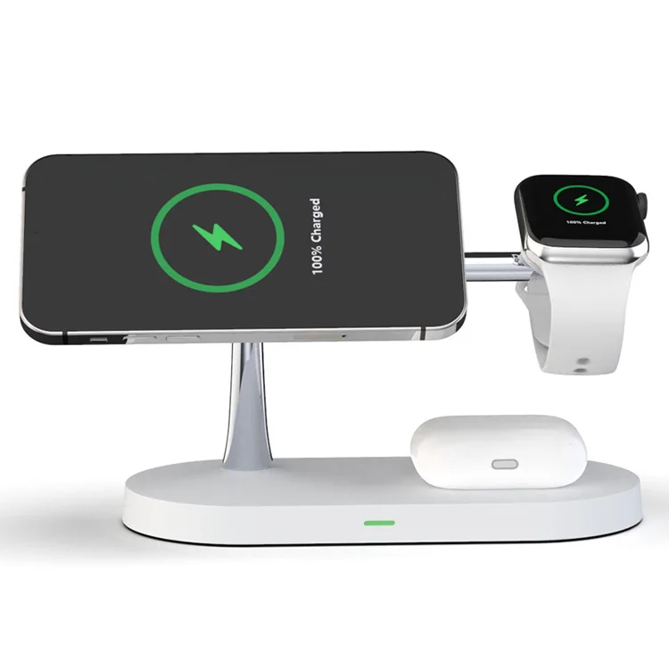 New zinc 5 in 1 magnetic 15W qi fast charging wireless charger holder for iphone 12 airpods and iwatch with LED night light