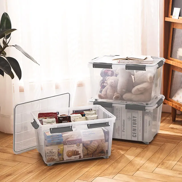 
 Прозрачная пластиковая коробка-органайзер с колесами, контейнер для одежды и игрушек, пыленепроницаемый с уплотнительной лентой, плавающий лоток  