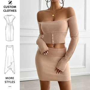 Sexy Knitted Sweater Suit off the Shoulder Long Sleeve Crop Tops&mini Skirt Women's Sets 2 Two Piece Set Women Clothing