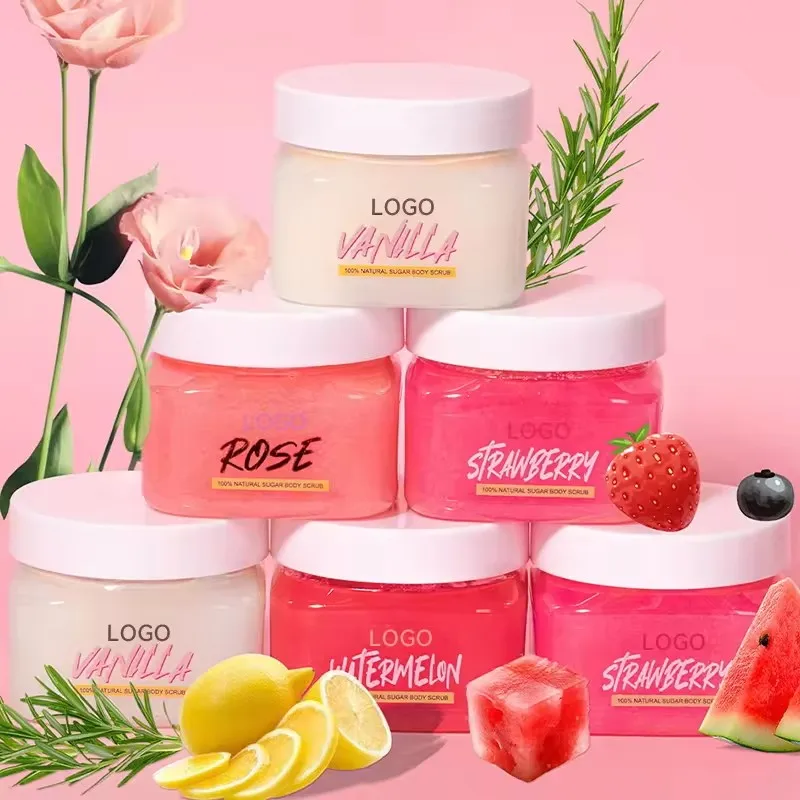 Custom logo Body Skin Care Organic Strawberry Shea Butter Moisturizing Natural Exfoliating Sugar Whitening Body Scrub(pic5)