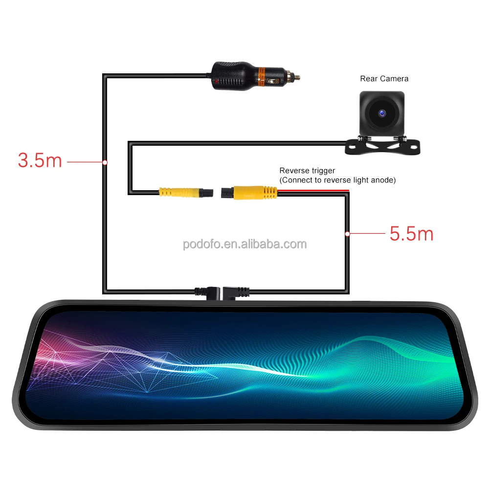 Podofo 9.66'' Dual Lens Dash Cam Front And Rear Hd Ips Touch Screen Car Mirror Dvr Car Black Box