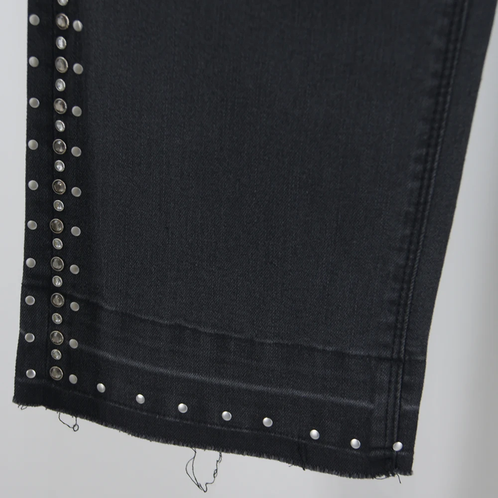 Women's High Waist Black Jeans with Studded Ankle Design Fashion Casual Slim Denim Pants