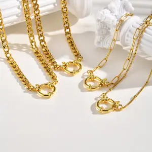 Trendy 18k Gold Plated Stainless Steel Cuban Chain Necklace Openable Bubble Buckle Women Paperclip Chian Necklace