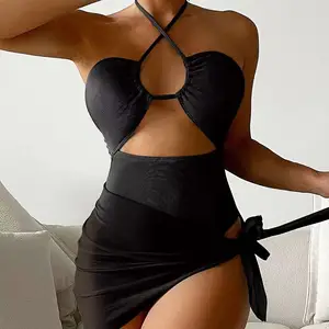 Custom 2026 New Sexy Solid Ribbed Two Piece Bikini Beachwear With Mesh Sarong Cover up Bandeau Swimsuit Women Thong Swimwear