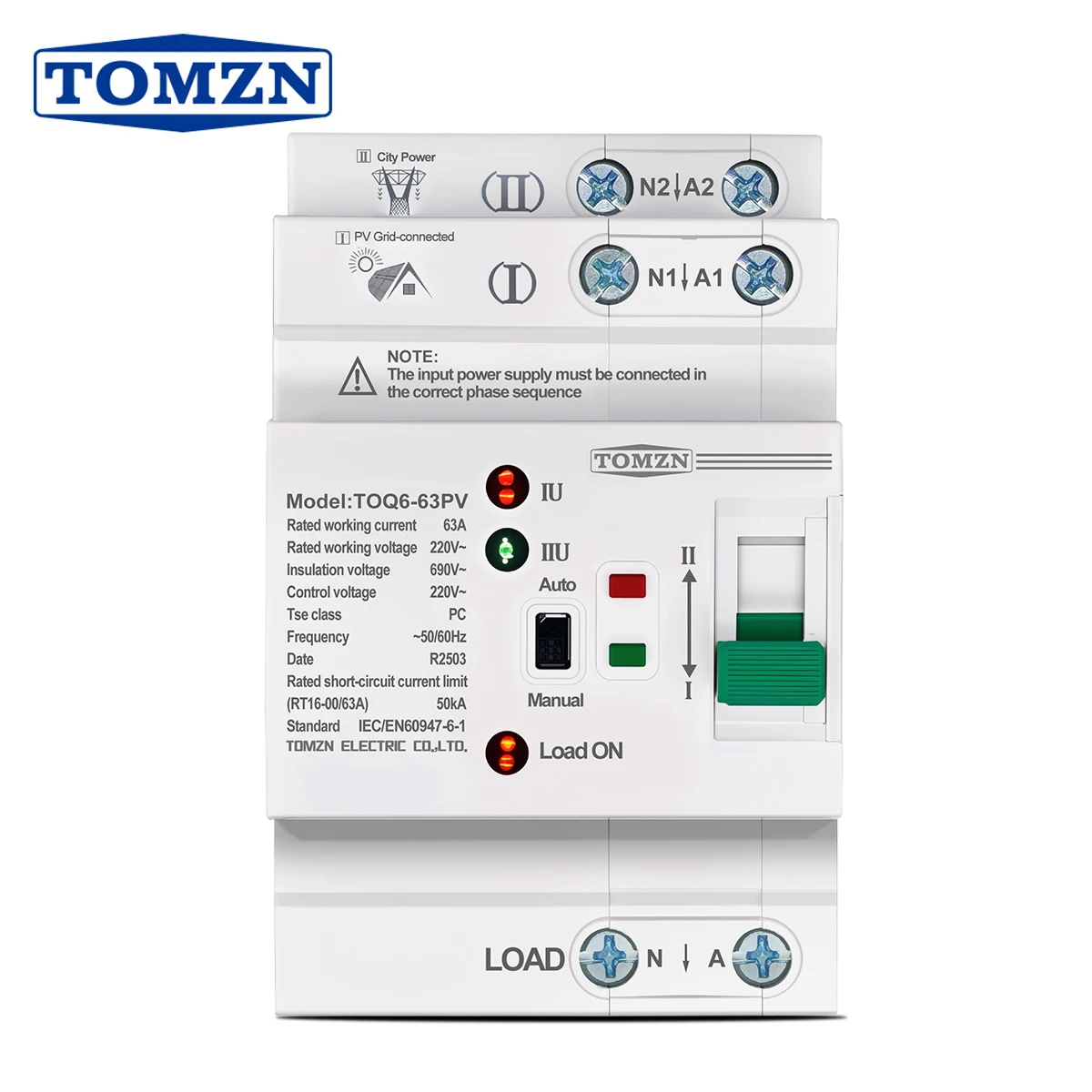 TOMZN Din Rail PV ATS L N 220V Small Dual Power Automatic Transfer Electrical Selector Switches Uninterrupted 2P 63A TOQ6