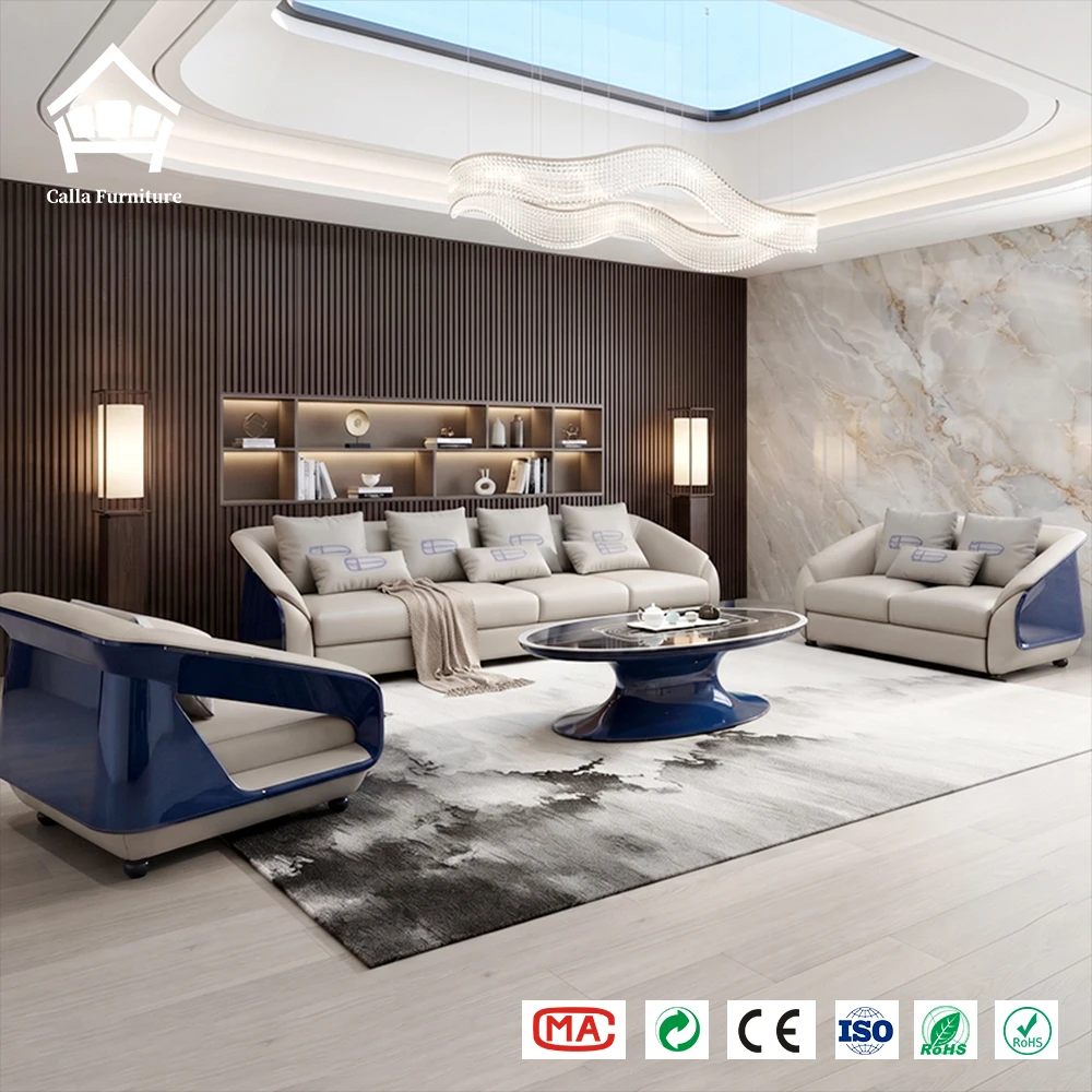 Modern Luxury Yacht Grand Genuine Leather 1-2-3 Sofa Set Automotive Inspired Royal Blue High Gloss One-stop Furniture Solution